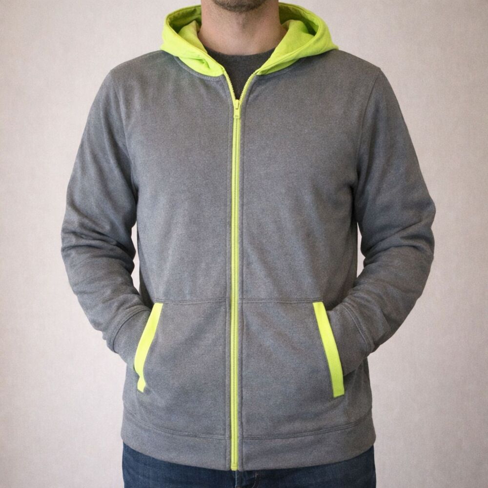 Layer 8 Sweatshirt Hoodie Mens Medium Gray Yellow Full Zip Active Long Sleeve